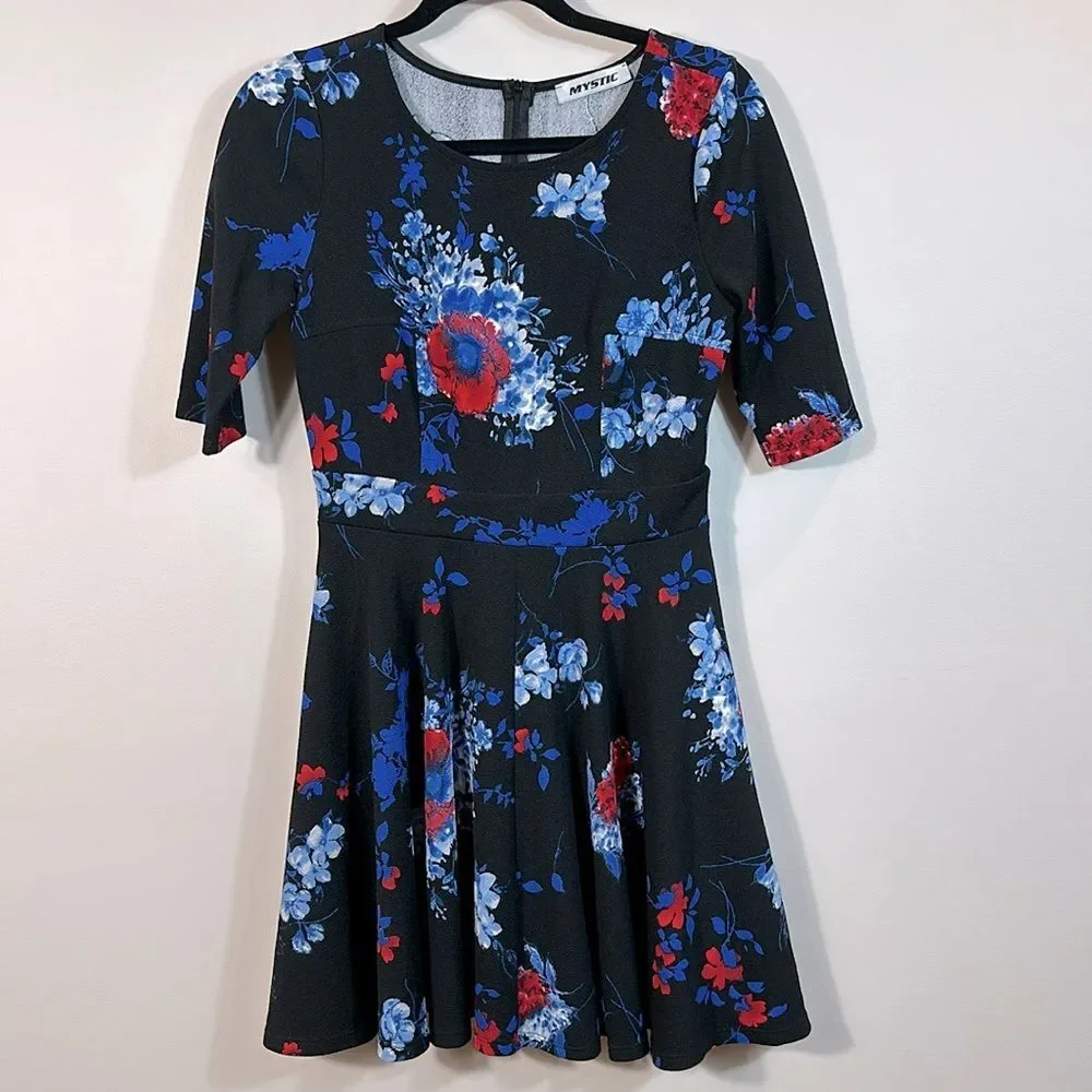 Mystic Black Floral Mini Skater Fit Flare Dress Dark Romantic Women Size Large
